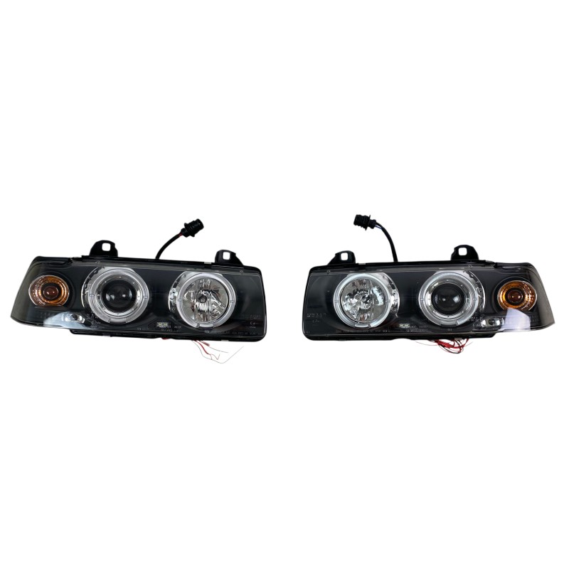Φανάρια εμπρός BMW E36 (1991-1999) 2d coupe angel eyes - μαύρα , με λάμπες (Η1) - σετ 2τμχ.