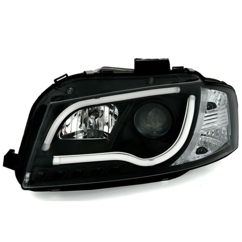 Φανάρια εμπρός Audi A3 (2003-2008) led Lightbar Design -μαύρα , με λάμπες (H7/Η1) - σετ 2τμχ.