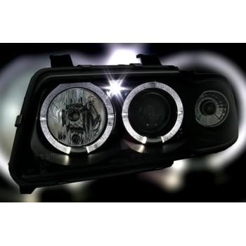 Φανάρια εμπρός Audi A4 (1995-1998) angel eyes -μαύρα , με λάμπες (Η1) - σετ 2τμχ.