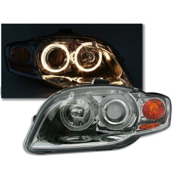 Φανάρια εμπρός Audi A4 (2004-2008) angel eyes - chrome , χωρίς λάμπες (Η7) - σετ 2τμχ.