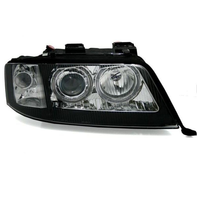 Φανάρια εμπρός Audi A6 (1997-2001) / Allroad 1999-2005 angel eyes - μαύρα , με λάμπες (Η7) - σετ 2τμχ.
