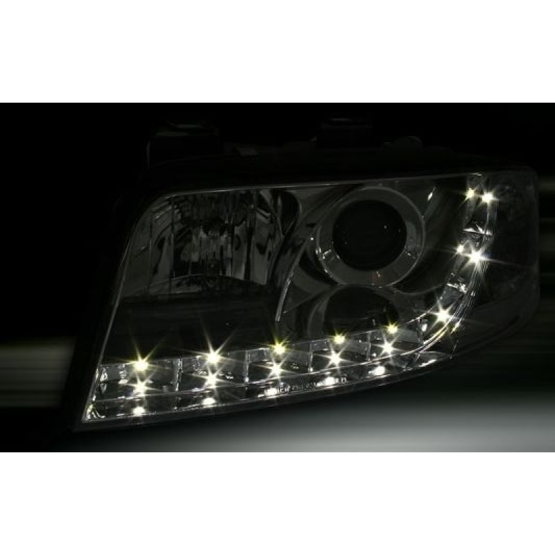 Φανάρια εμπρός Audi A6 (2001-2003) με φώτα ημέρας led - chrome , με λάμπες (Η1) - σετ 2τμχ.
