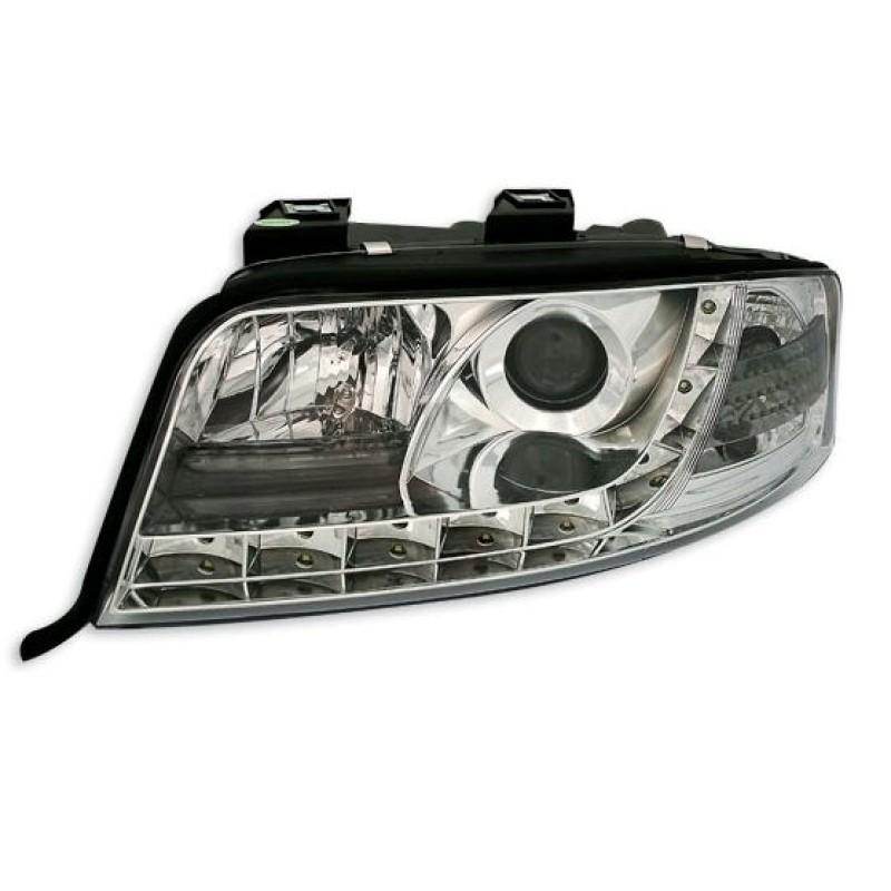 Φανάρια εμπρός Audi A6 (2001-2003) με φώτα ημέρας led - chrome , με λάμπες (Η1) - σετ 2τμχ.