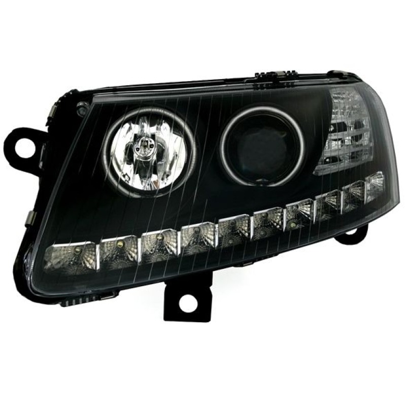Φανάρια εμπρός led Dayline Audi A6 (2004-2008) angel eyes - μαύρα , με λάμπες (Η1) - σετ 2τμχ.