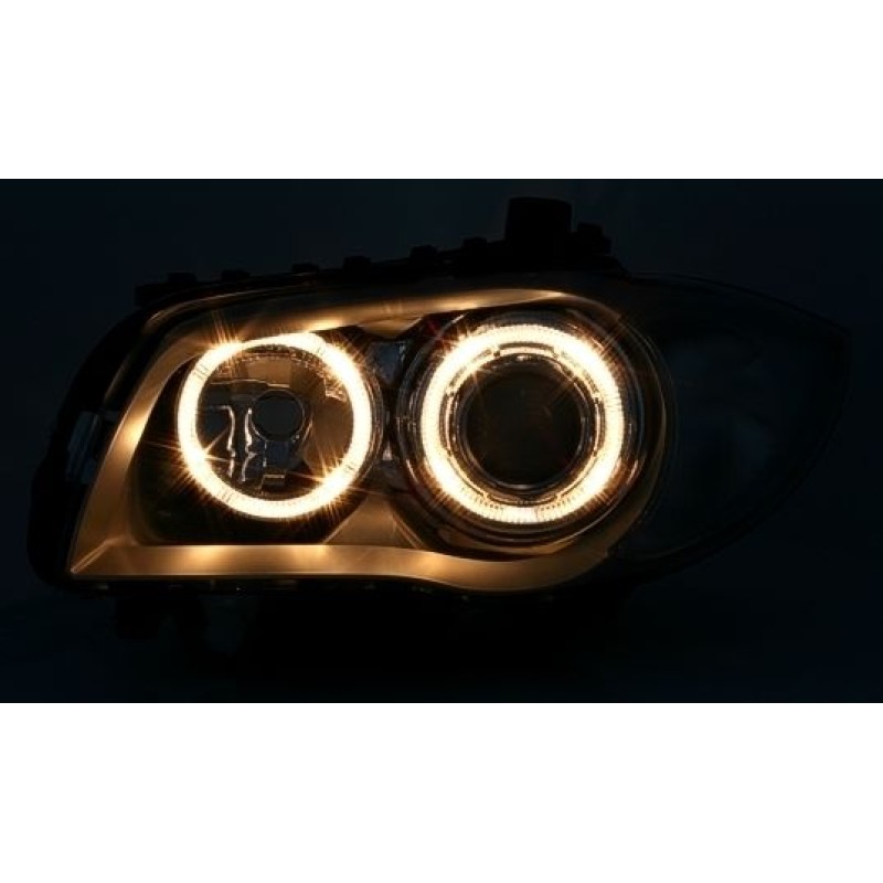 Φανάρια εμπρός BMW E87 / E81 / E82 (2004-2011) angel eyes - μαύρα , χωρίς λάμπες (Η7) - σετ 2τμχ.