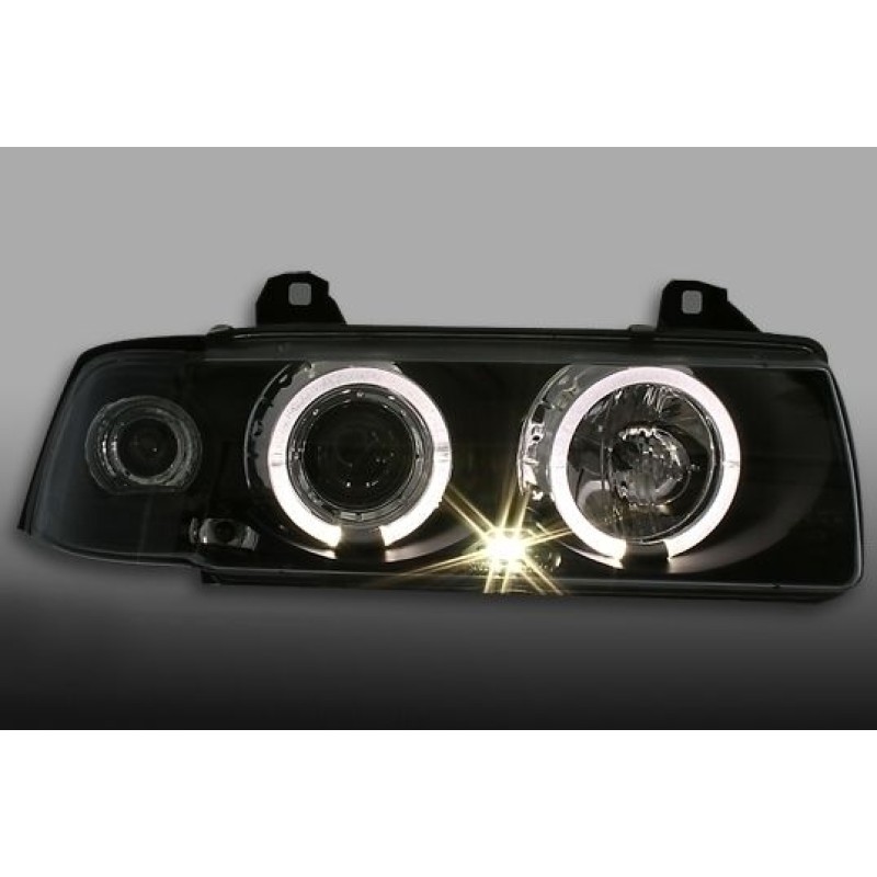 Φανάρια εμπρός BMW E36 (1991-1999) 4d sedan angel eyes - black , με λάμπες (Η1) - σετ 2τμχ.