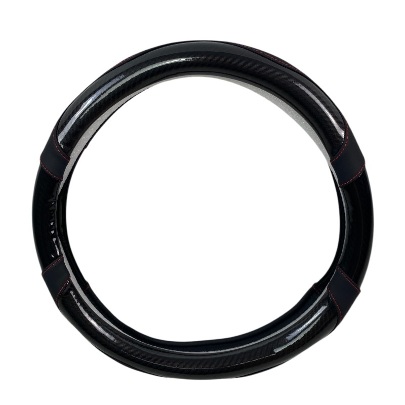 Δερμάτινο κάλυμμα τιμονιού 38 cm - Carbon - κόκκινες ραφές - 1 τμχ.