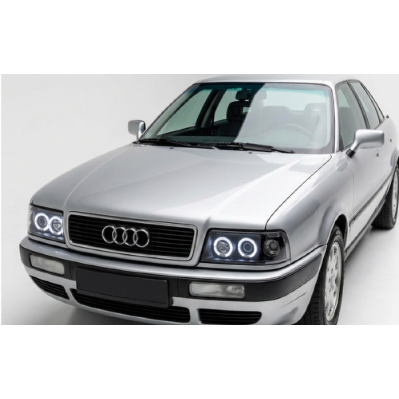 Φανάρια εμπρός Audi 80 B4 (1991-1996) angel eyes - μαύρα , με λάμπες (Η1) - σετ 2τμχ.