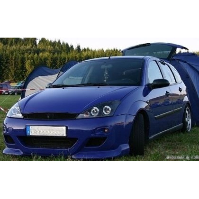 Φανάρια εμπρός Ford Focus (1998-2001) angel eyes - μαύρα , με λάμπες (Η1) - σετ 2τμχ.