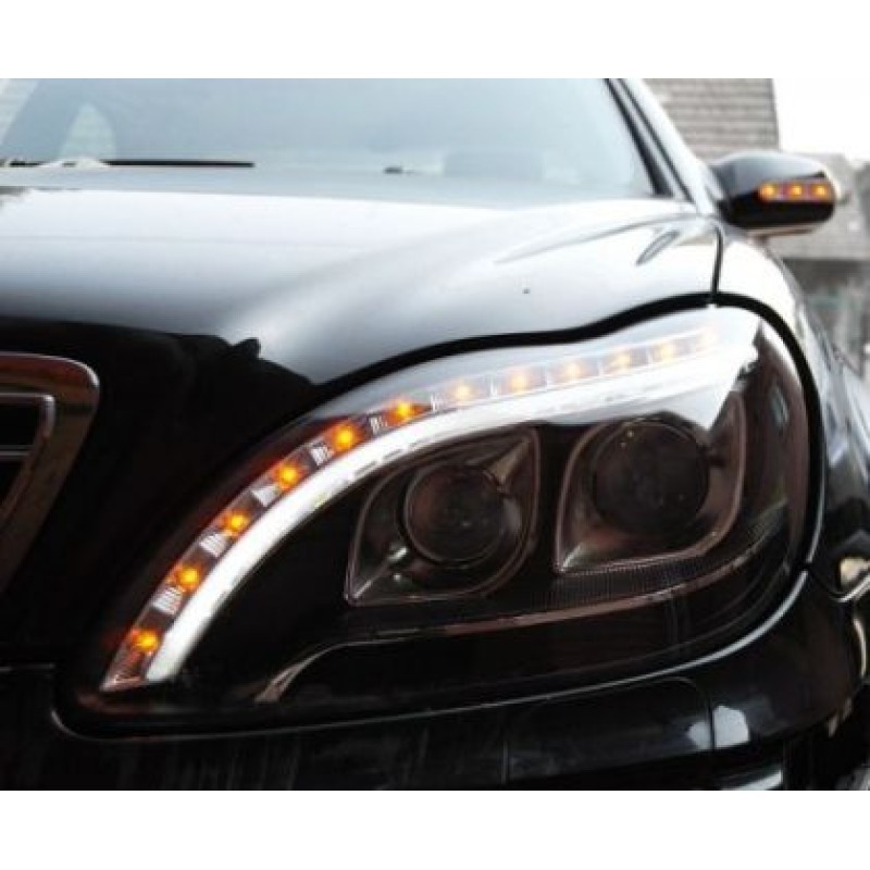 Φανάρια εμπρός Mercedes W 220 S-Class (1998-2005) led lightbar design - μαύρα , με λάμπες (Η1) - σετ 2τμχ.