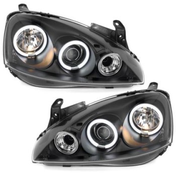 Φανάρια εμπρός angel eyes για Opel Corsa C (2001-2006) - μαύρα ,  χωρίς  λάμπες (Η1) - σετ 2τμχ.