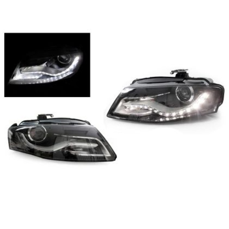 Φανάρια εμπρός με DRL led για Audi A4 B8 (2007-2011) -μαύρα , χωρίς λάμπες (Η7) - σετ 2τμχ.