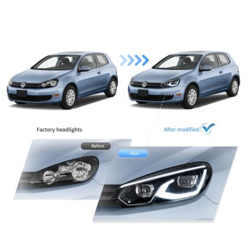 Φανάρια εμπρός Vw Golf 6 (2008-2014) led μαύρα, χωρίς λάμπες (D2S) - σετ 2τμχ.