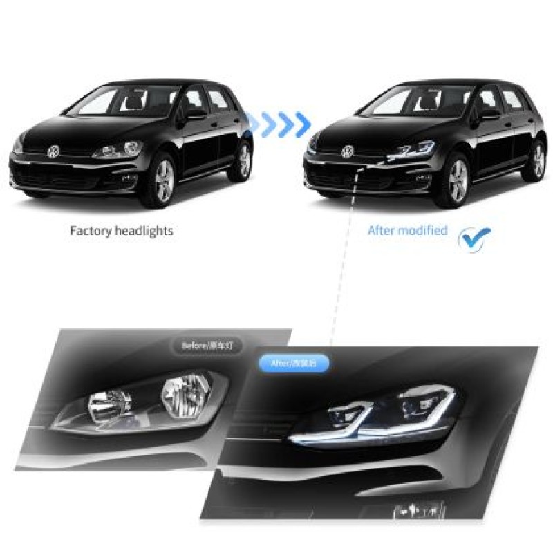 Φανάρια εμπρός Vw Golf 7 (2014-2018) led Silver line design, μαύρα, χωρίς λάμπες (D2S/H7) - σετ 2τμχ.