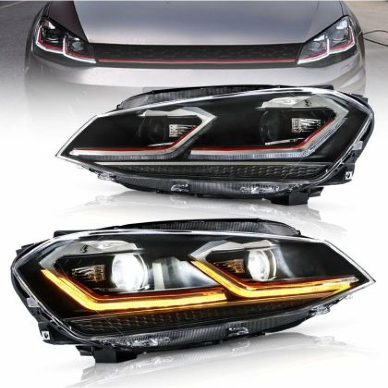 Φανάρια εμπρός Vw Golf 7 (2014-2018) led Red line design, μαύρα, χωρίς λάμπες (D2S/H7) - σετ 2τμχ.