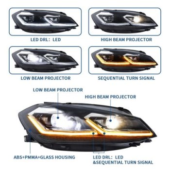 Φανάρια εμπρός Vw Golf 7.5 (2018-2021) led Silver line design, μαύρα, χωρίς λάμπες (D2S/H7) - σετ 2τμχ.