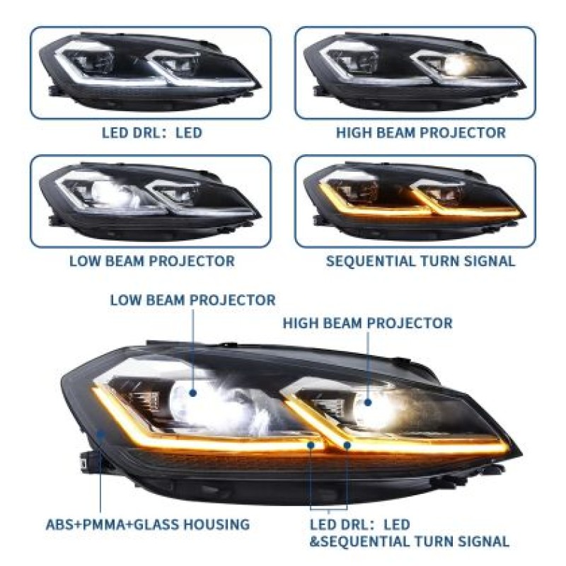 Φανάρια εμπρός Vw Golf 7.5 (2018-2021) led Silver line design, μαύρα, χωρίς λάμπες (D2S/H7) - σετ 2τμχ.