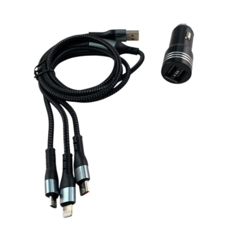 Φορτιστής αυτοκινήτου με 2 θύρες USB και 3 βύσματα