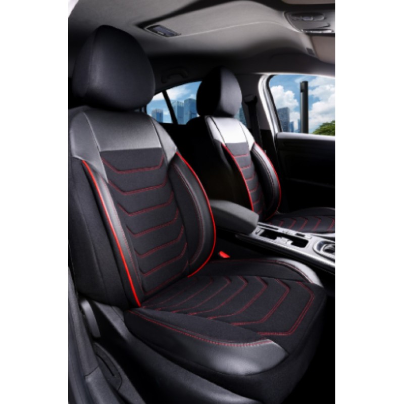 3D Δερμάτινα καλύμματα καθισμάτων Streetech Carbon - μαύρο χρώμα με κόκκινες ραφές