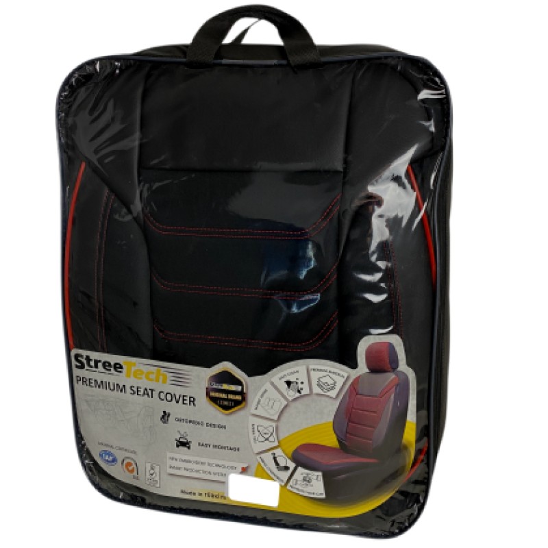 3D Δερμάτινα καλύμματα καθισμάτων Streetech Carbon - μαύρο χρώμα με κόκκινες ραφές