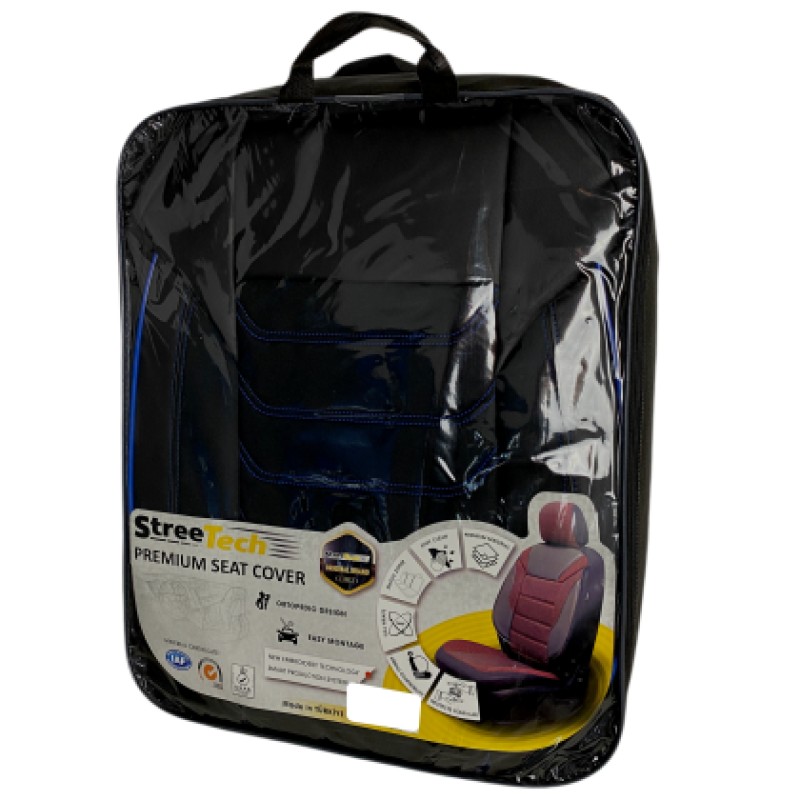 3D Δερμάτινα καλύμματα καθισμάτων Streetech Carbon - μαύρο χρώμα με μπλε ραφές