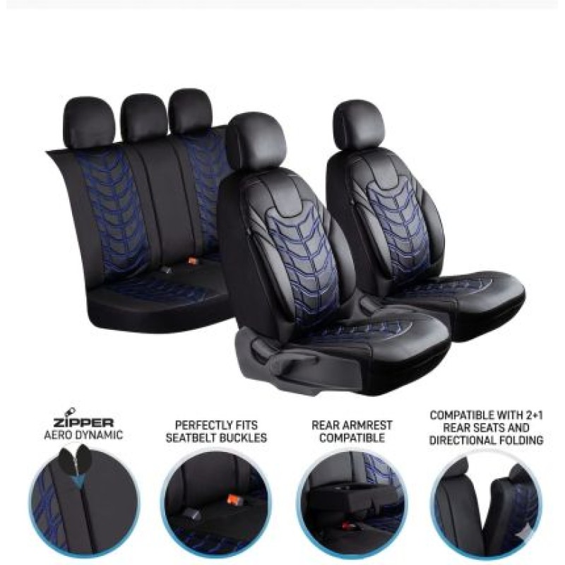 3D Δερμάτινα καλύμματα καθισμάτων Streetech Classy - μαύρο χρώμα με μπλε λεπτομέρειες