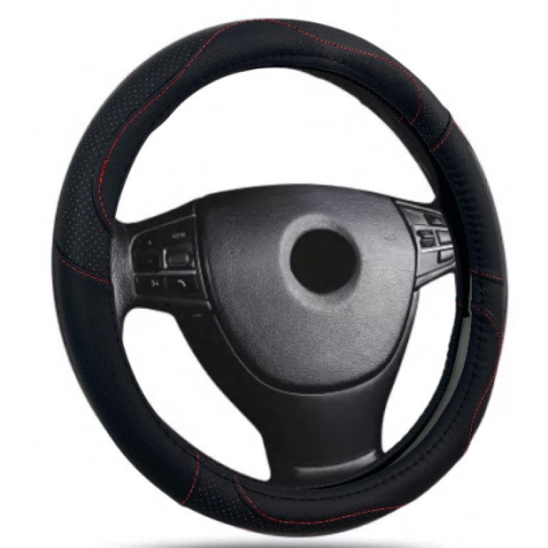 Δερμάτινο κάλυμμα τιμονιού 38 cm - Black -  carbon με κόκκινες ραφές - 1 τμχ.