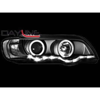 Φανάρια εμπρός με φώτα ημέρας και angel eyes για BMW X5 (1999-2003) - μαύρα , με λάμπες (Η1) - σετ 2τμχ.