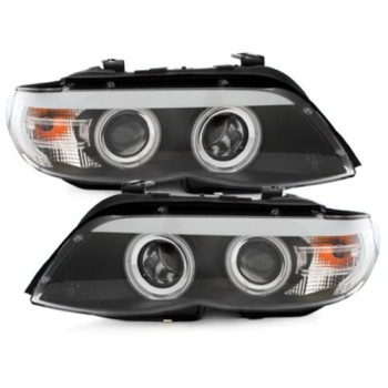 Φανάρια εμπρός angel eyes για BMW X5 (2003-2007) - black , με λάμπες (Η1) - σετ 2τμχ.