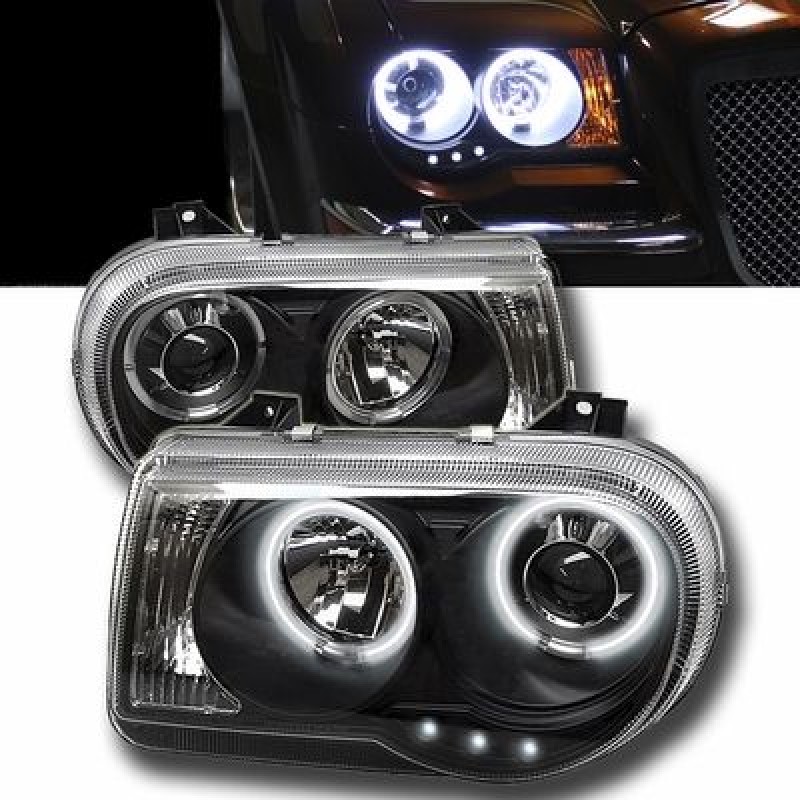 Φανάρια εμπρός angel eyes με led για Chrysler 300C (2004-2008) - μαύρα , με λάμπες (Η1) - σετ 2τμχ.