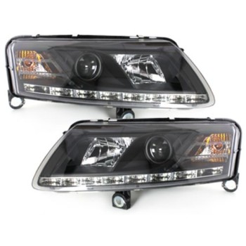 Φανάρια εμπρός για Audi A6 με φώτα ημέρας led (2004-2007) - μαύρα , με λάμπες (Η1) - σετ 2τμχ.