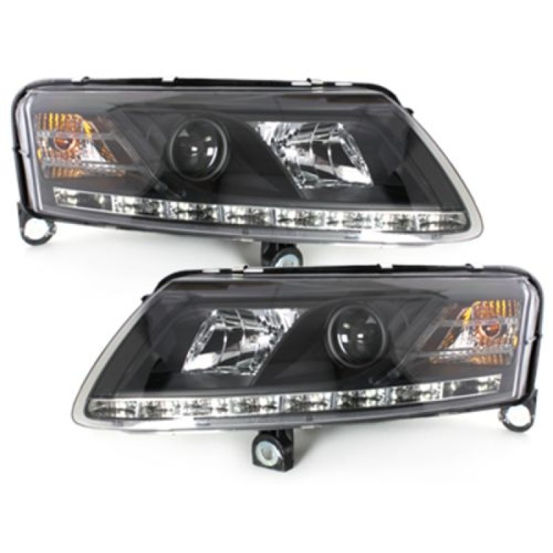 Φανάρια εμπρός για Audi A6 με φώτα ημέρας led (2004-2007) - μαύρα , με λάμπες (Η1) - σετ 2τμχ.