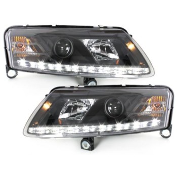 Φανάρια εμπρός για Audi A6 με φώτα ημέρας led (2004-2007) - μαύρα , με λάμπες (Η1) - σετ 2τμχ.