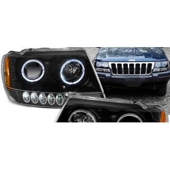 Φανάρια εμπρός led angel eyes για Jeep Grand Cherokee (1999-2005) - μαύρα , χωρίς λάμπες (Η7) - σετ 2τμχ.