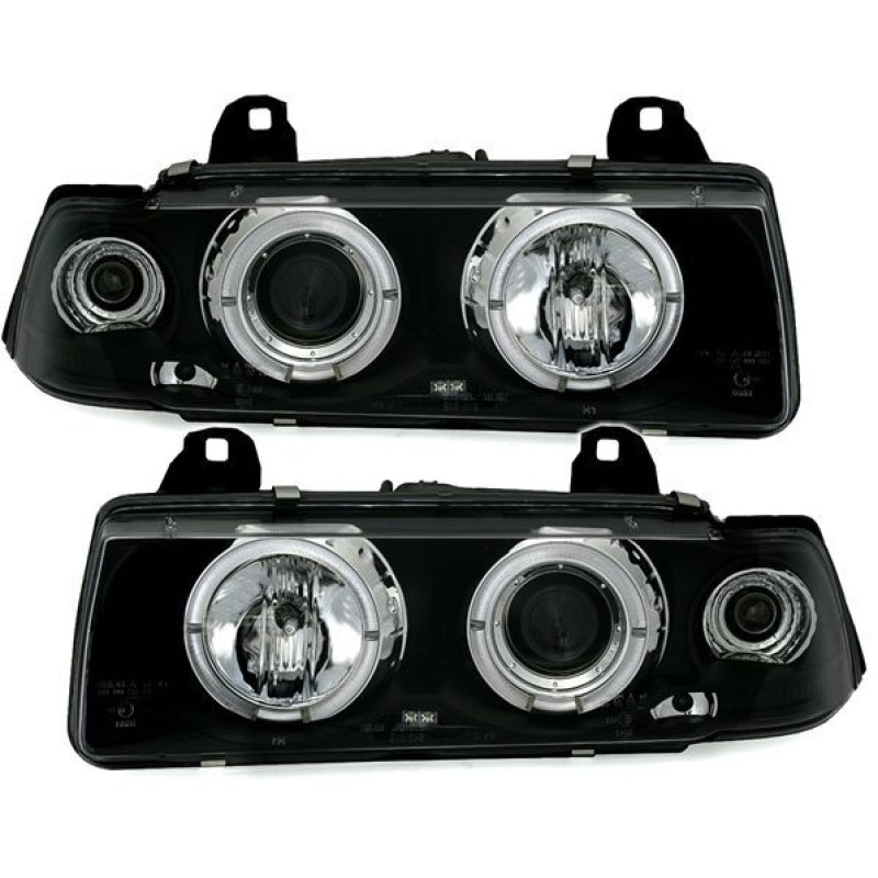 Φανάρια εμπρός angel eyes για BMW E36 (1991-1999) 4d sedan - black , με λάμπες (Η1) - σετ 2τμχ.