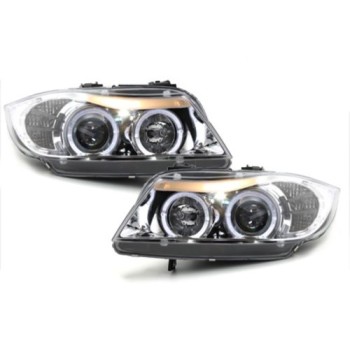 Φανάρια εμπρός angel eyes για BMW E90 (2005+) - chrome , με λάμπες (Η1) - σετ 2τμχ.