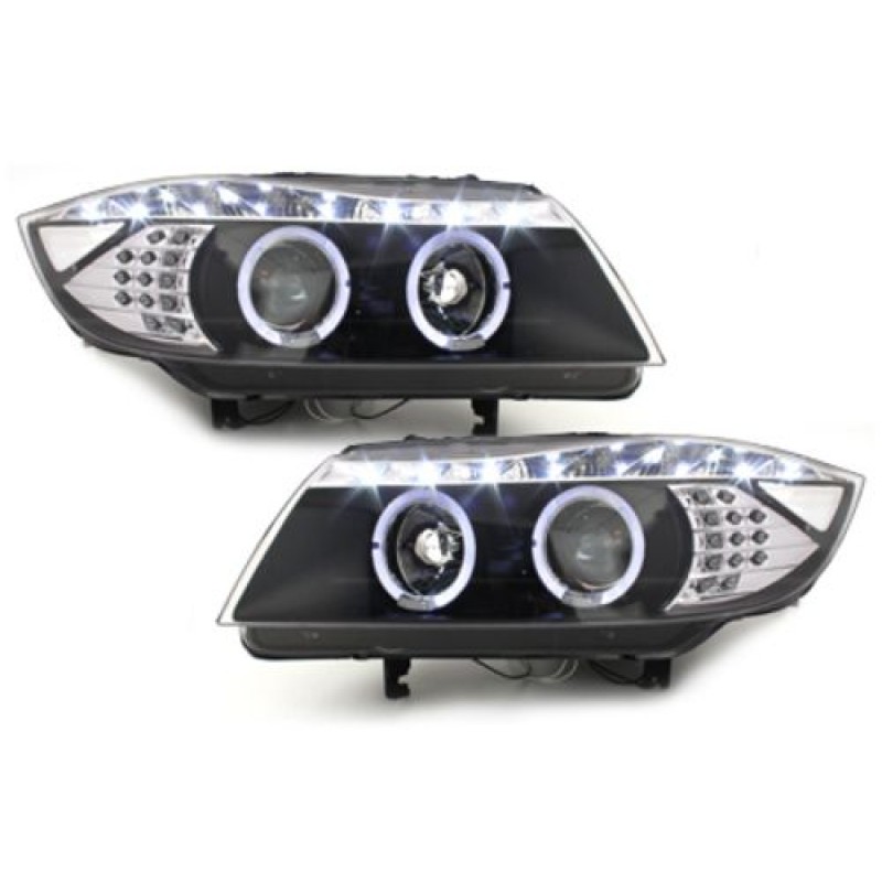 Φανάρια εμπρός led angel eyes για BMW E90(2005-2008) - black , με λάμπες (Η1) - σετ 2τμχ.