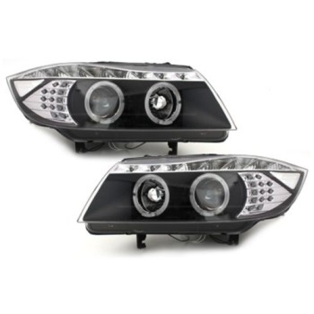 Φανάρια εμπρός led angel eyes για BMW E90(2005-2008) - black , με λάμπες (Η1) - σετ 2τμχ.