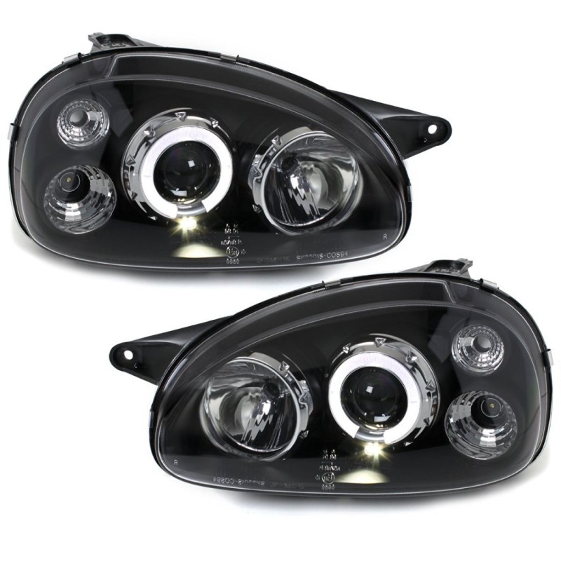 Φανάρια εμπρός angel eyes για Opel Corsa B (1993-2001) - black , με λάμπες (Η1) - σετ 2τμχ.