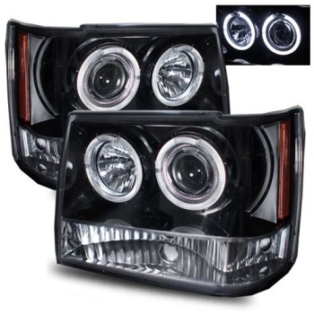 Φανάρια εμπρός angel eyes για Jeep Grand Cherokee (1993-1998) - μαύρα , με λάμπες (Η1) - σετ 2τμχ.