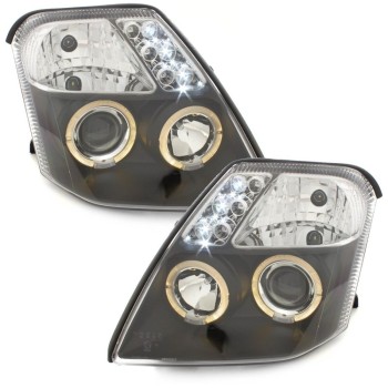 Φανάρια εμπρός angel eyes με led για Citroen C2 (2003-2008) - μαύρα , με λάμπες (Η1) - σετ 2τμχ.