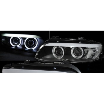 Φανάρια εμπρός angel eyes για BMW X5 (2003-2007) - μαύρα , με λάμπες (Η1) - σετ 2τμχ.