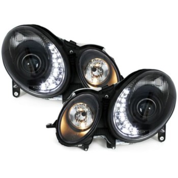 Φανάρια εμπρός led για Mercedes W211 E-Class (2006-2009) μαύρα , με λάμπες (Η1) - σετ 2τμχ.