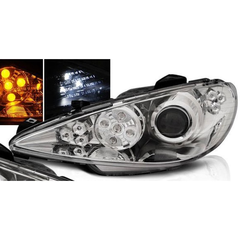 Φανάρια εμπρός angel eyes για Peugeot 206 - χρωμίου με led , με λάμπες (Η1) - σετ 2τμχ.