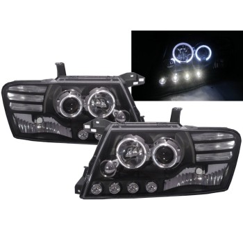 Φανάρια εμπρός angel eyes για Mitsubishi Pajero (2001-2006) - μαύρα , με λάμπες (Η1) - σετ 2τμχ.