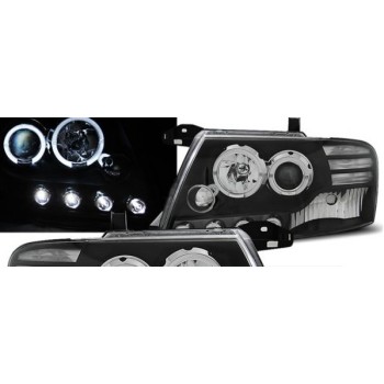 Φανάρια εμπρός angel eyes για Mitsubishi Pajero (2001-2006) - μαύρα , με λάμπες (Η1) - σετ 2τμχ.