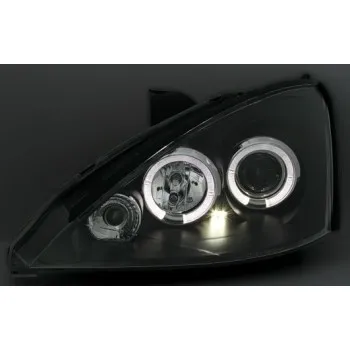 Φανάρια εμπρός Ford Focus (1998-2001) angel eyes - μαύρα , με λάμπες (Η1) - σετ 2τμχ.