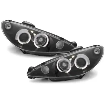 Φανάρια εμπρός Peugeot 206 angel eyes, μαύρα , με λάμπες (Η1) - σετ 2τμχ.