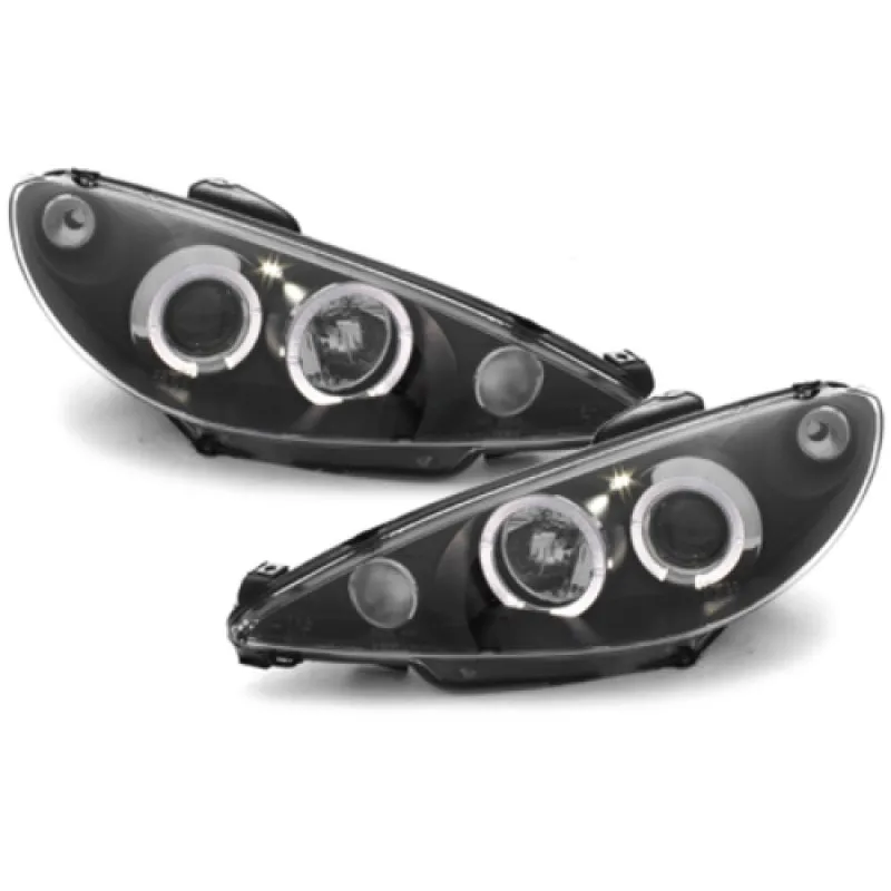 Φανάρια εμπρός Peugeot 206 angel eyes, μαύρα , με λάμπες (Η1) - σετ 2τμχ.
