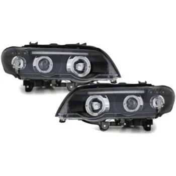 Φανάρια εμπρός BMW X5 (1999-2003) angel eyes - black , με λάμπες (Η1) - σετ 2τμχ.